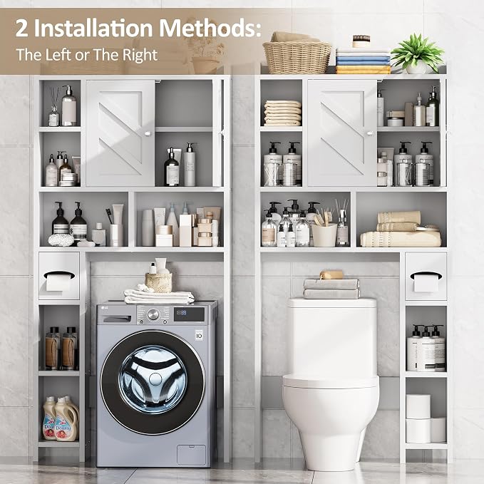 Over the Toilet Storage Cabinet, Freestanding Storage Cabinet Over Toilet, Bathroom Storages Organizer Cabinets with Toilet Paper Holder Stand and Adjustable Shelf, White