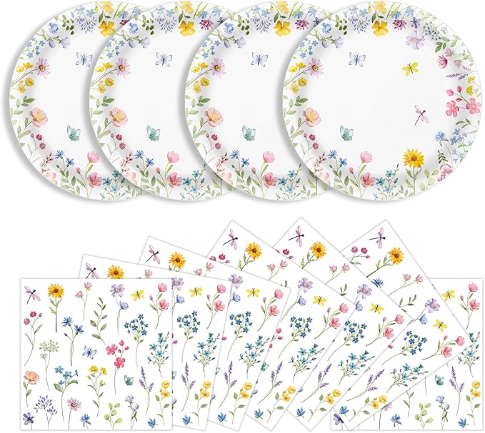40 Pcs Wildflower Plates and Napkins Party Supplies, Spring Floral Paper Plates and Napkins Disposable Tableware Set for Picnic Wedding Birthday Baby Shower Tea Party Serve 20 (Wildflower)