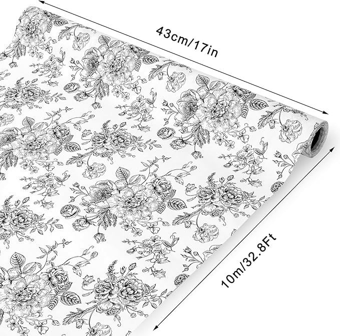 JarThenaAMCS Floral Wrapping Paper Mini Roll 17in x 32.8Ft Black White Flowers Gift Wrap Paper Vintage Floral Paper for Birthday Wedding Baby Shower Holiday Party Wrapping Supplies