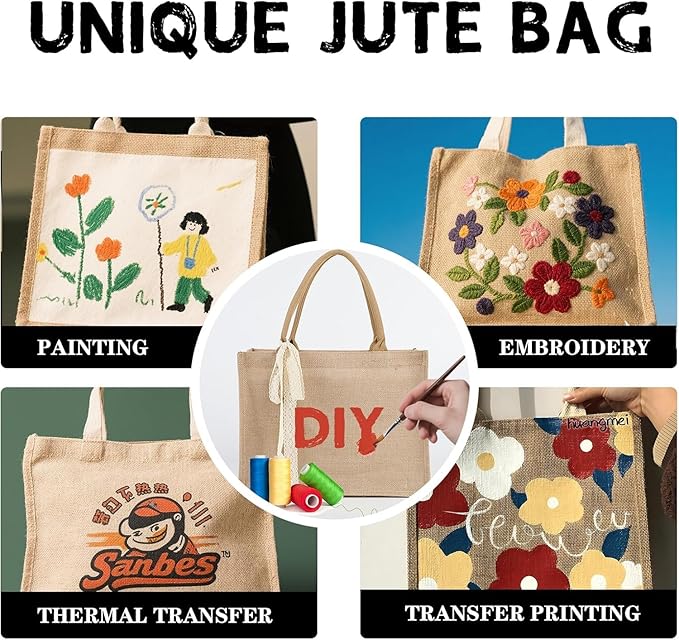 8pcs Burlap Tote Bag Set with Handles, Waterproof Reusable Blank Water Resistant Grocery Bags with Ribbon Large Jute Tote 15.35*6*12 In for Women Bridesmaid Gift Christmas Shopping Wedding Travel DIY