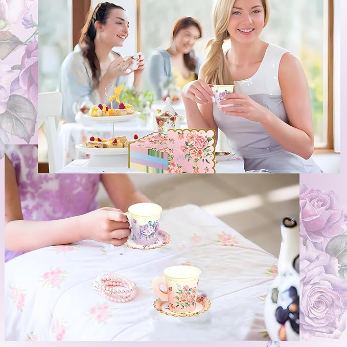 40 Set Floral Tea Cups and Saucers Disposable Tea Party Supplies Colorful Flower Teacups with Handle and Paper Napkins Dinnerware Set for Floral Theme Tea Party Birthday Wedding Bridal Shower Supply