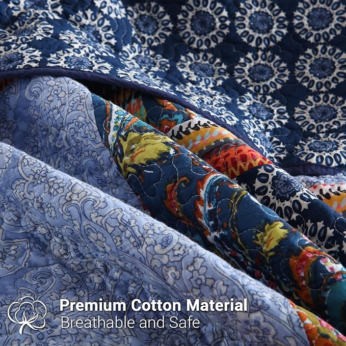 Yvooxny California King Quilt Set Reversible Lightweight Bohemian Paisley Patchwork Cotton Quilted Bedspread Coverlet Set 3-Piece Quilt Set with Pillowcases for All Seasons, 118 x 110 Inches