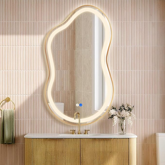 Dorlicecass Irregular Led Bathroom Mirror- Gold 20"x36" Single Piece Vanity Mirror with Lights IP54 Enhanced Anti-Fog, 3 Colors Dimmable, Memory,Tempered Glass,UL Listed