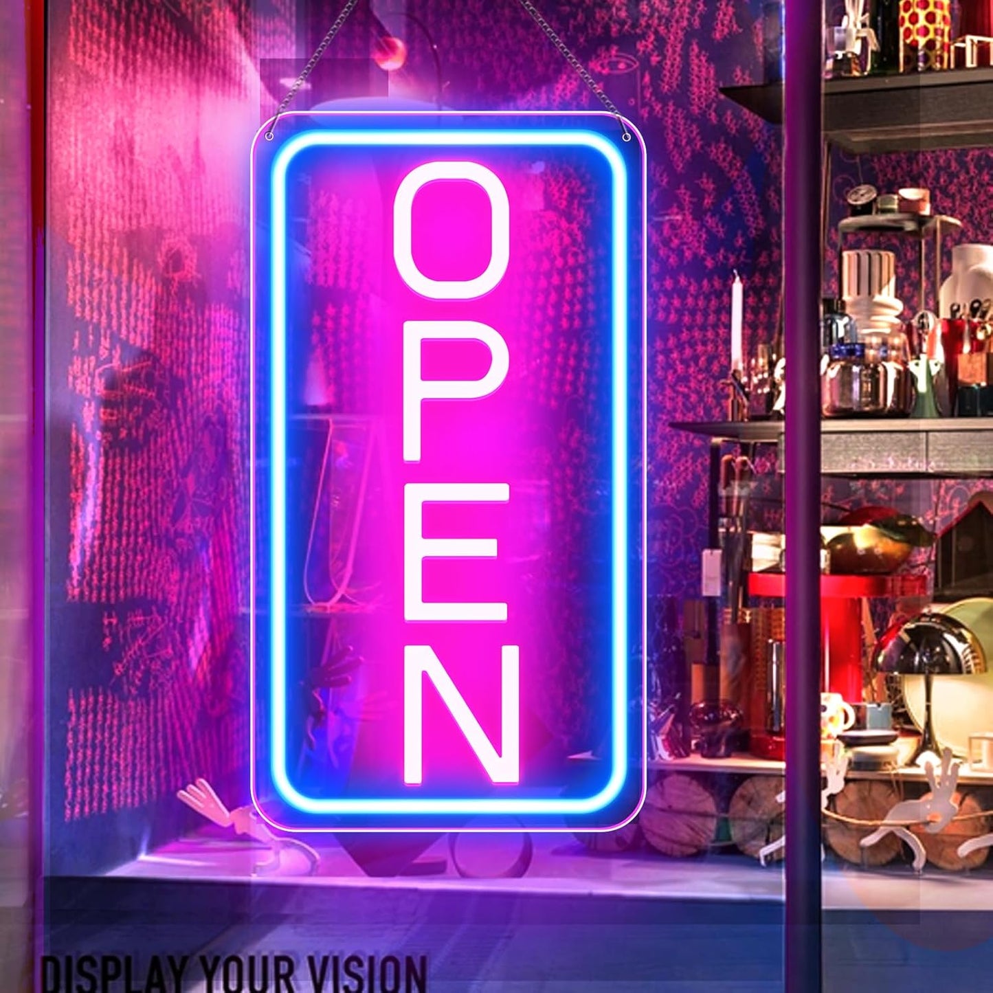 Skiennix LED Neon Open Sign - Ultra Bright 16"x9" Vertical Light Up Sign for Store Window | Blue/Pink