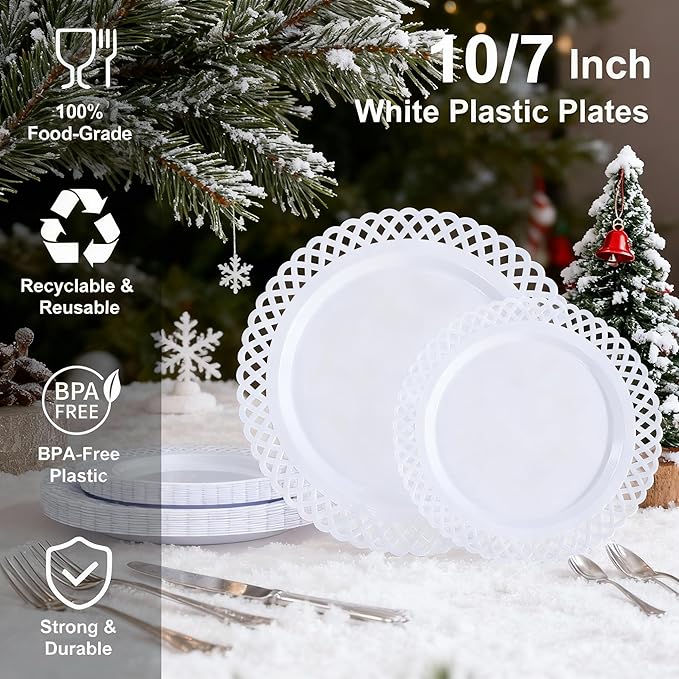 COLOSUS 60Pcs White Plastic Plates, Fancy White disposable Plates,Nice Scallop plates,Heavy Duty Lace Hollowed Out Plates include 30 Dinner Plate 10” and 30 Salad/Dessert Plate 7.5”for Christmas