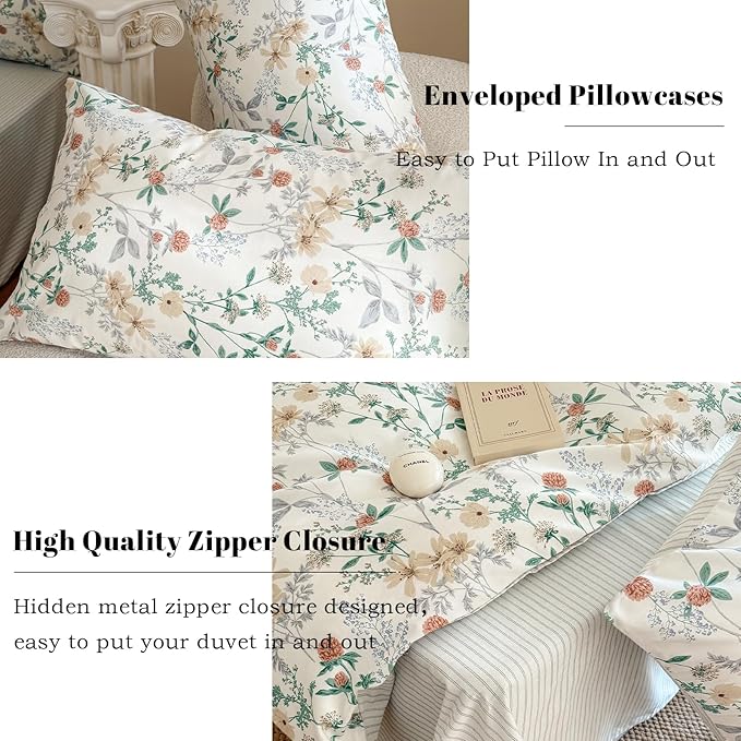 EAVD Garden Style Botanical Floral Duvet Cover Queen Soft 100% Cotton Chic Cute Floral Leaves Pattern Bedding Set with 2 Pillowcases Fresh Botanical Comforter Cover with Zipper Closure