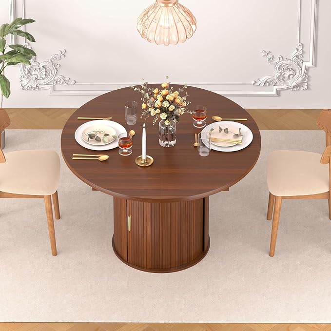 DHH 47"-63" Extendable Round Dining Table for 4–8 with Storage, Mid Century Modern Farmhouse Wood Oval Dinner Table with Pedestal Base for Kitchen, Living Room (Walnut)
