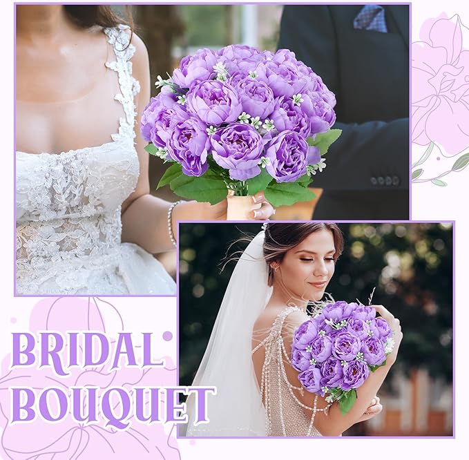 8 Pack Purple Peonies Artificial Flowers, Fake Silk Hydrangea Bouquet for Bridal Wedding Home Table Decor Reusable Dining Opening Ceremony Birthday Arrangement Faux Floral