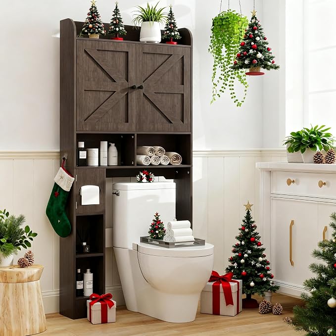 Over the Toilet Storage Cabinet, 32.3” W Farmhouse Bathroom Storage Cabinet Above Toilet with Toilet Paper Holder and Barn Doors, Freestanding Restroom Organizer Space Saving Rack, Rustic Brown
