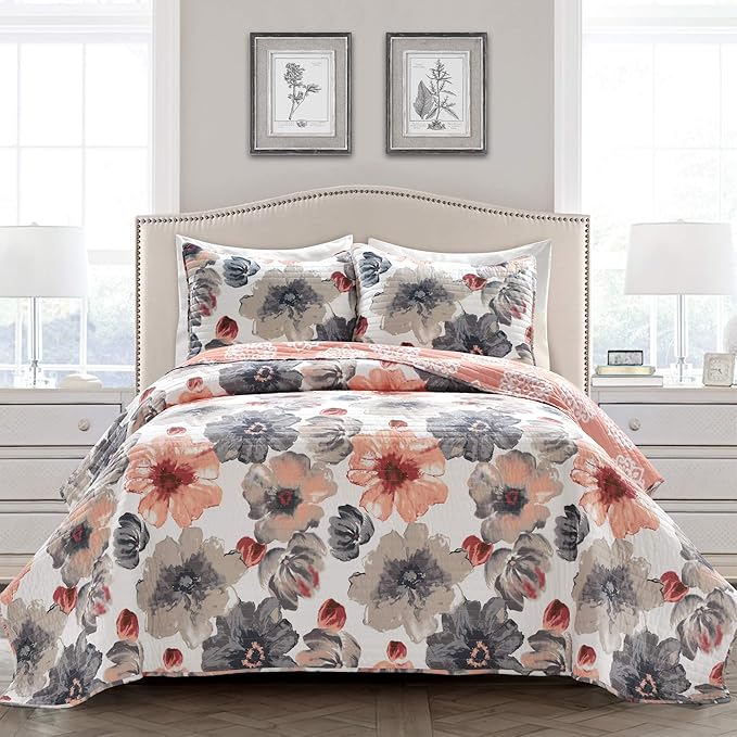 Lush Decor Leah Reversible Floral Quilt Set, 3 Piece Set, King, Coral & Gray - Watercolor Botanical - Cottage Core - French Country Decor- Bedding Queen Size