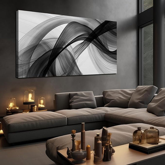 JuhaiArt Abstract Wall Decor Minimalist Black Picture Art White Canvas Wall Art for Living Room Office 29" x 59" Large Modern Poster Artwork