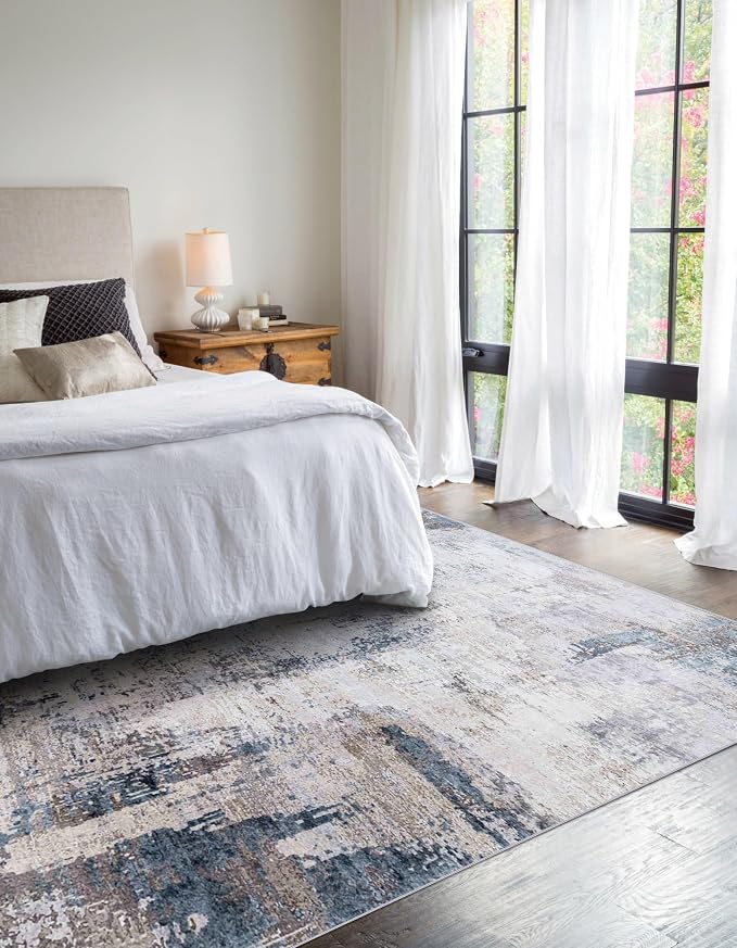 vivorug Washable Rug, Ultra Soft Area Rug 3x5, Non Slip Abstract Small Rug, Stain Resistant Rugs for Living Room Bedroom, Modern Fluffy (Gray/Navy, 3'x5')