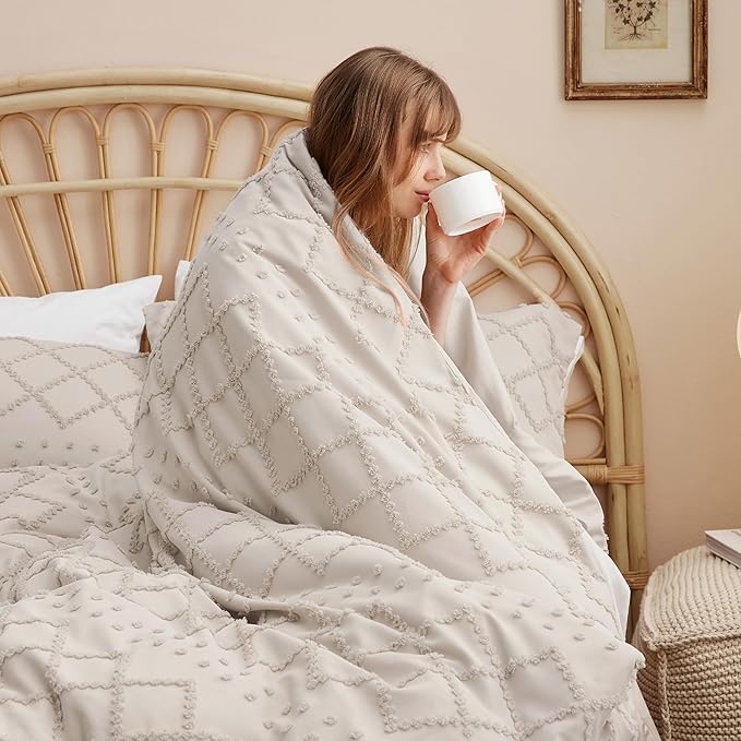 Bedsure Boho Duvet Cover Queen Size - Beige Breathable & Soft Boho Bedding, Machine Washable Comforter Cover for All Seasons, Includes 1 Duvet Cover 90"x90" with 2 Pillow Shams & Zipper Closure