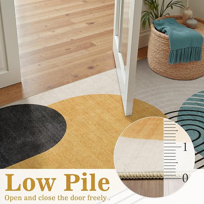 DCX 3x5 Area Rug, Machine Washable, Soft Mid Century Modern Rug Non Slip Stain Resistant for Entryway, Kitchen, Bedroom, Laundry, Bathroom, Blue & Yellow