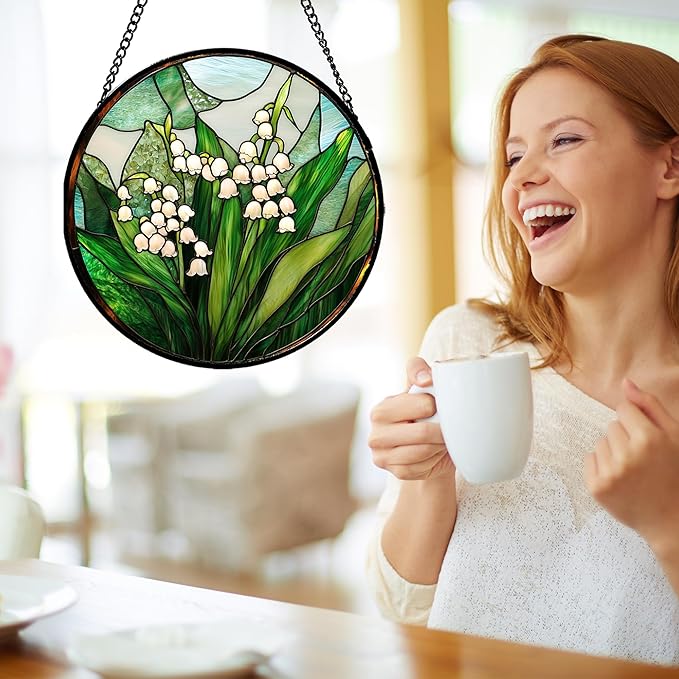 Stained Glass Window Hanging - White Green Lily of The Valley Suncatcher for Doors Garden Terrace Plant Sun Catchers Decor Mother's Day Birthday Flowers Gifts for Women Men Mom 7.8 in
