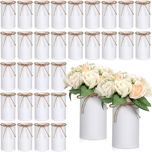 Domensi 5.91 in High Farmhouse Vase Decor Galvanized Metal Flower Vase with Twine Bow Vintage Rustic Tin Flower Buckets for Artificial Floral Table Container DIY(White,32 Pcs)