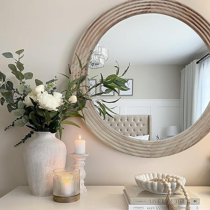 LOSOUR Round Mirror, Farmhouse Decor Solid Wood Frame Wall Circle Mirror, Decorative Mirrors for Bathroom Over Sink, Living Room, Entryway,Bedroom, Entryway, Hallway,Foyer (1, Brown, 24" L x 24" W)