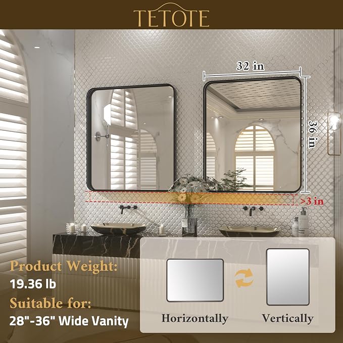 TETOTE 32 x 36 Inch Black Mirror for Bathroom,Vanity Mirror, Modern Rectangle Round Corner Matte Framed Mirror (Horizontal/Vertical)