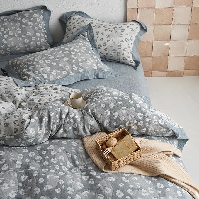 Grey Leopard Duvet Cover Set Twin XL Leopard Print Jacquard Duvet Cover with 2 Pillowcases Yarn-Dyed Linen Cotton Vintage Floral Bedding Set Wild Animal Cheetah Print Comforter Cover for Boy Girl Teen