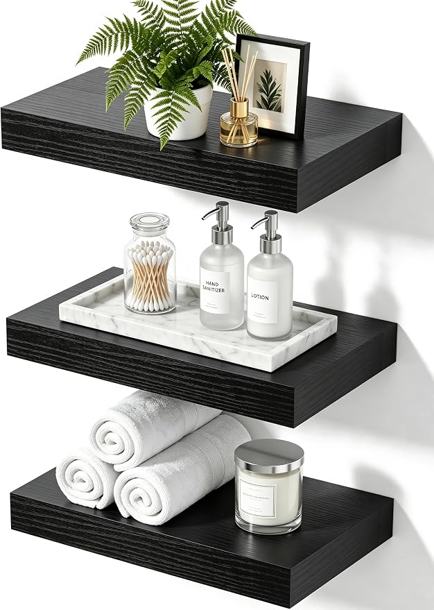 Floating Shelves for Wall, Bathroom Shelves Over Toilet, Wall Shelves & Book Shelf for Room, Hanging Shelf, Modern Wooden Wall-Mounted Small Floating Shelves, 12x7x1.5 in (Black, Set of 3)