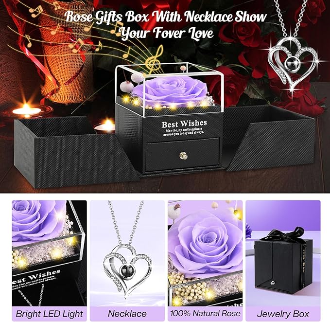 Christmas Birthday Gifts for Women - Preserved Real Rose with I Love You Heart 100-Language Necklace, LED Lights & Music Gift Box, Christmas for Women Girlfriend Mom