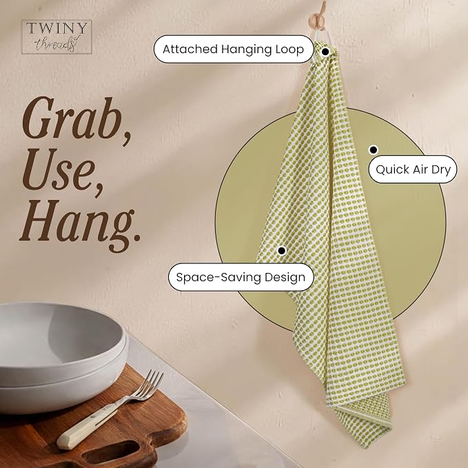TWINY threads Circle Waffle Kitchen Towels 4 Pack, 16"x26", 100% Cotton, Super Absorbent, Durable, Vibrant Dishcloth Set, Great for Summer Decor, Cleaning Spills, Lemon Green