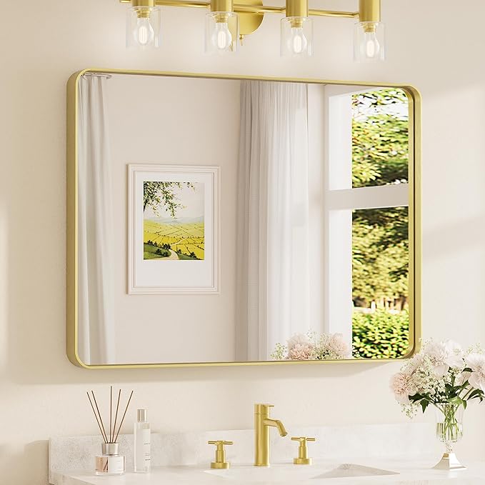 TETOTE 40 x 30 Inch Gold Bathroom Mirror, Brushed Brass Metal Frame Mirror for Vanity, Rectangle Wall Mounted Golden Modern Mirror (Horizontal/Vertical)