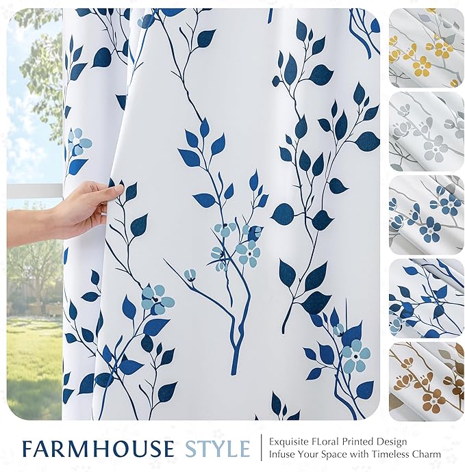 Beauoop Floral 100% Blackout Curtains 72 Inches Long 2 Panels for Bedroom Living Room Navy Blue and White Flower Patterned Room Darkening Thermal Soundproof Grommet Window Treatments Drapes, 52X72