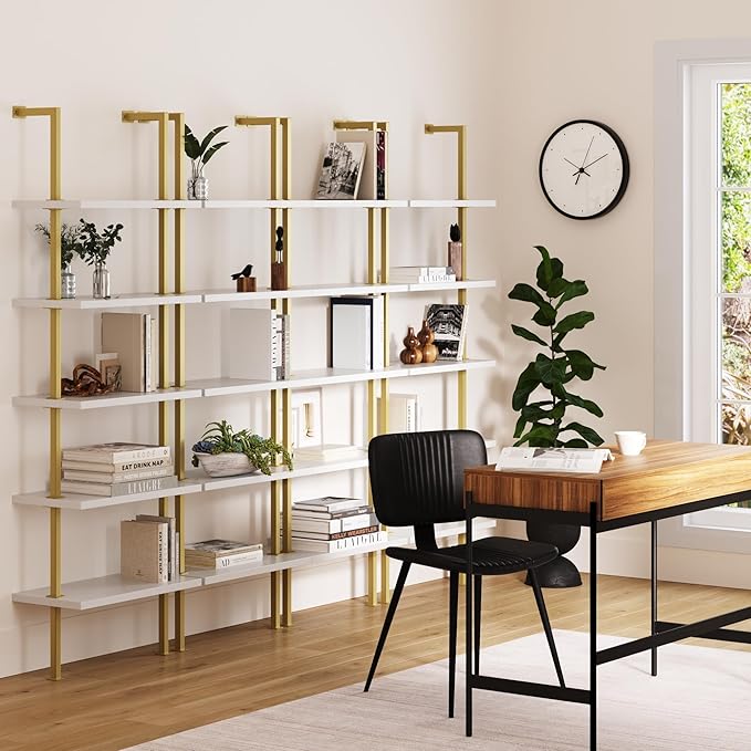 Nathan James Theo 5-Shelf Gold, Ladder Bookcase with Gold/Brass Metal Frame, White, Set of 4