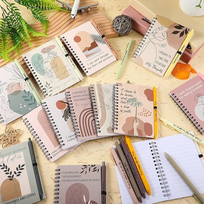 Kosiz 48 Pcs/24 Set Positive Affirmation Gifts Gratitude Spiral Notebooks with Pens Motivational Encouragement Notepads Daily Affirmations Journal for Women Valentine Galentine Gifts (Abstract)