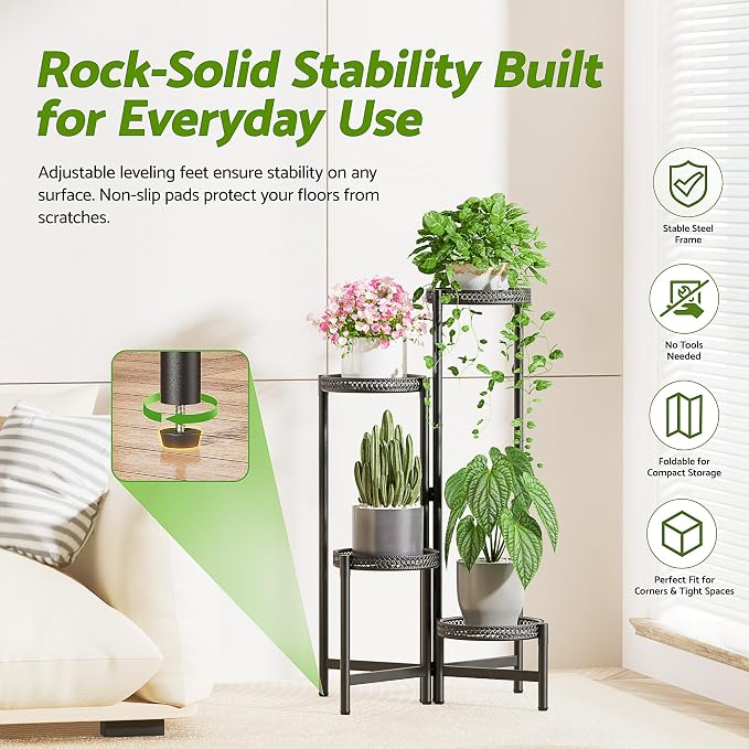 4 Tier Metal Plant Stand Indoor Outdoor, Corner Tall Plant Shelf for Multiple Plants, Foldable Plant Stand Heavy Duty Flower Stand Holder for House Living Room Balcony Garden Patio -BlackS