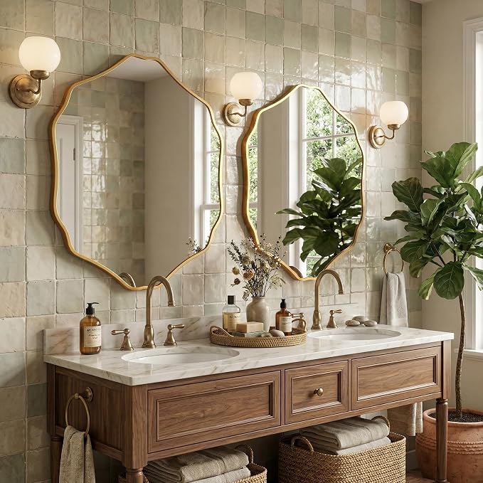 Irregular Hexagon Wall Mirror with Wavy Edge, Modern Decorative Mirror for Bathroom, Bedroom, Living Room, Frameless Vanity Mirror