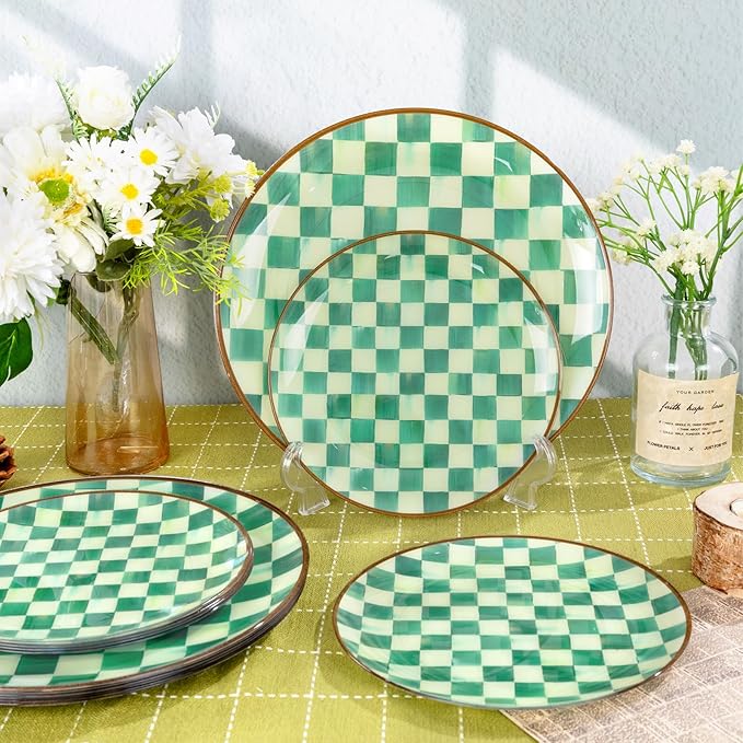 U-QE 20PCS Green Plastic Plates for Party - Retro Checkered Plates Disposable Heavy Duty - White and Green Disposable Plate for Party, Birthdays - 10 10.25 Inch Dinner and 10 7.5 Inch Dessert Plate