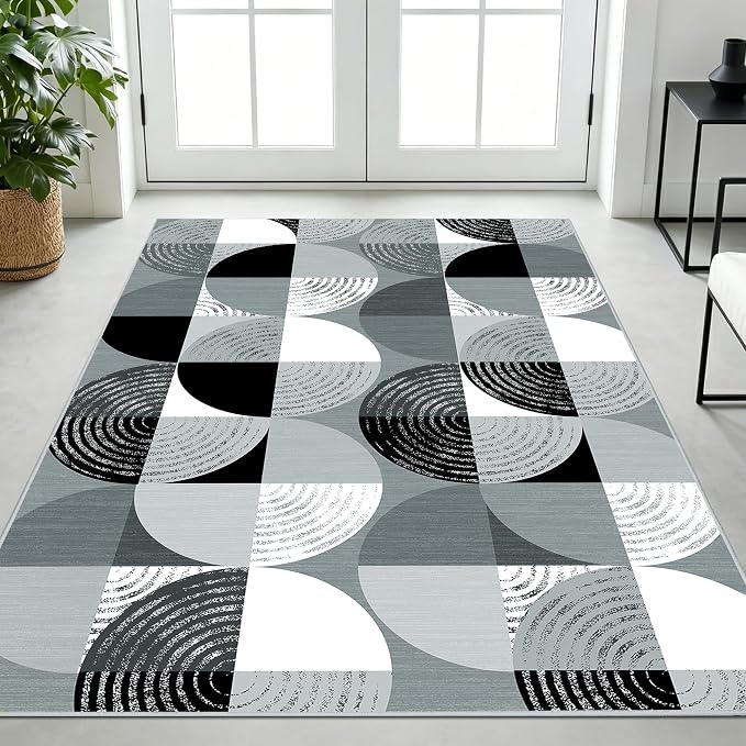 Merelax Large 4x6 Geometric Entryway Rug Indoor - Washable Non-Slip Low Pile Soft Area Rug for Entrance, Kitchen, Mudroom, Office, Modern Aesthetic Abstract Decor Thin Carpet, Black/Grey/White