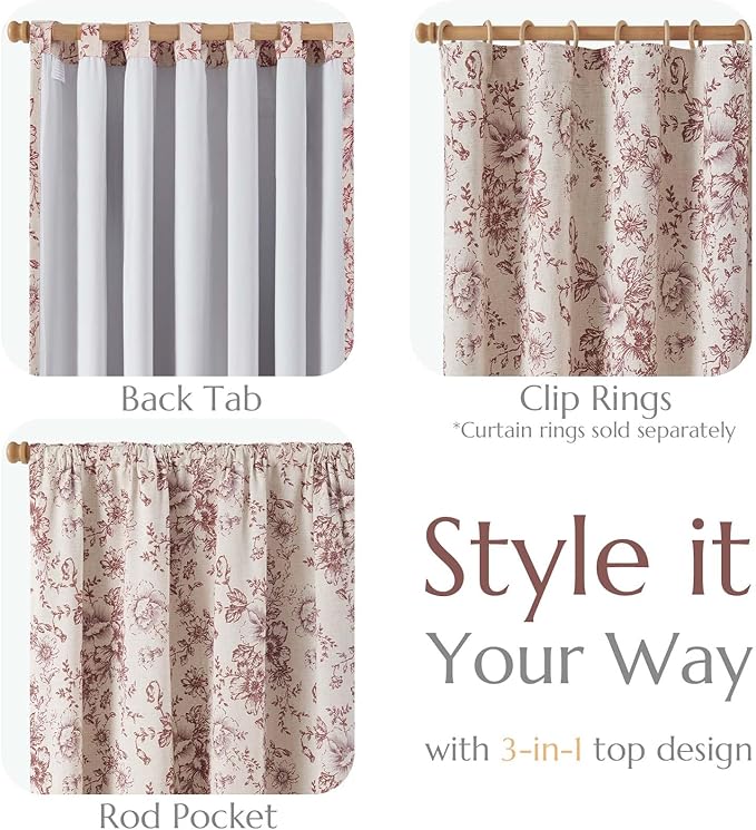 jinchan Blackout Floral Curtains Linen Blend Curtain for Living Room 63 Inch Length Christmas Brick Red Flower Printed Drapes for Bedroom Rod Pocket Back Tab Farmhouse Curtains Set 2 Panels