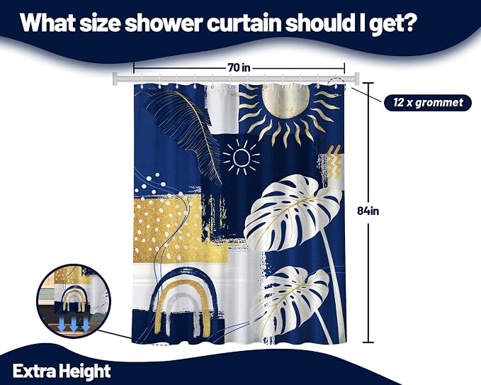 Blue and White Mid Century Modern Shower Curtain Bohemian Abstract Navy Blue and Gold Shower Curtains for Bathroom Decor Sets, Waterproof Cloth Fabric with Hooks, 72x84 Inch