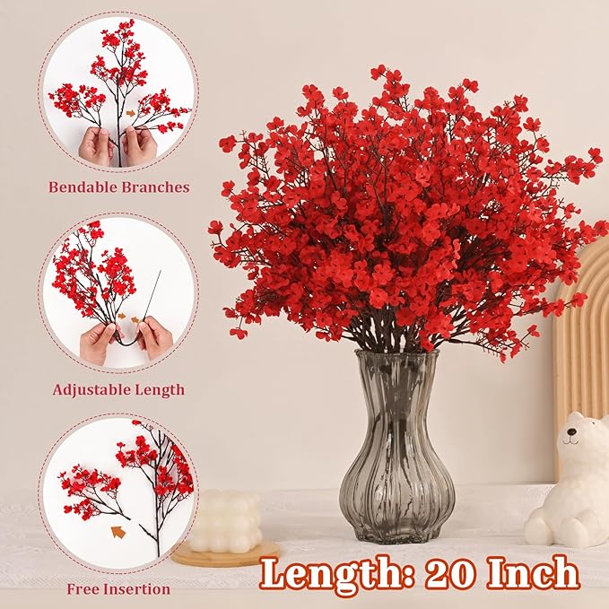 Yastouay Red Artificial Christmas Flowers, 10Pcs Real Touch Babys Breath Artificial Flowers Bulk, Fake Flowers for Vase Faux Flowers for Christmas Spring Decor Floral Arrangement