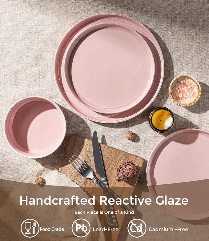 GBHOME 12-Piece Stoneware Dinnerware Set for 4 – Ribbed Ceramic Plates and Bowls, Scratch-Resistant, Microwave & Dishwasher Safe, Reactive Glaze, Blush Veil