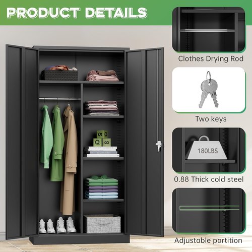 INTERGREAT Metal Wardrobe Closet - 72" Lockable Storage Armoire with Hanging Rod & 4 Adjustable Shelves - Black
