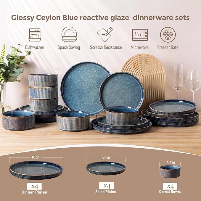 GBHOME 12-Piece Stoneware Dinnerware Set for 4 – Ribbed Ceramic Plates and Bowls, Scratch-Resistant, Microwave & Dishwasher Safe, Reactive Glaze, Ceylon Blue