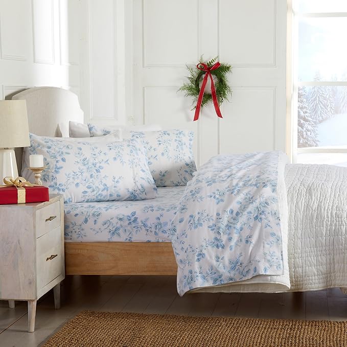 Market & Place 100% Cotton King Flannel Sheet Set | 4 Piece Deep Pocket Cozy Winter Floral Bed Sheets | Double Brushed for Extra Softness & Comfort | Alpine Collection (King, Vintage Floral)