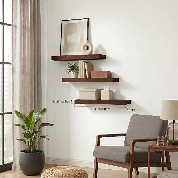Floating Shelves for Wall, Bathroom Shelves Over Toilet, Wall Shelves & Book Shelf for Room, Hanging Shelf, Modern Wooden Mounted Floating Shelves, 24x7x1.5 in (Walnut-Like, Set of 3)