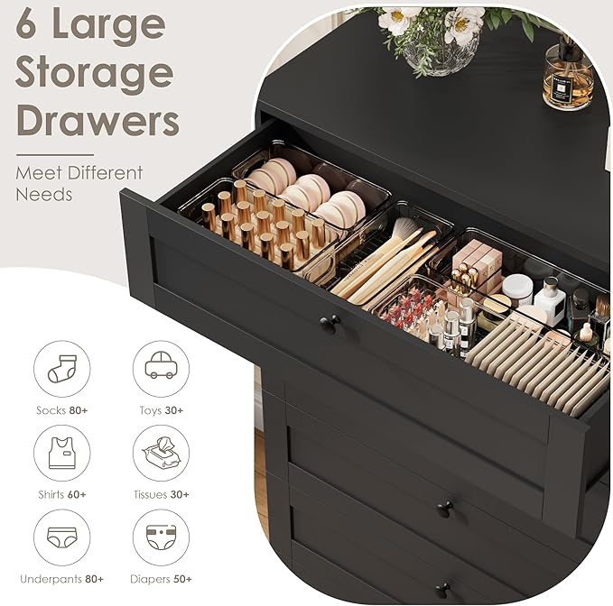 HOSTACK 6 Drawer Dresser for Bedroom, 52" Tall Dresser & Chest of Drawers, 29" W Wood Drawer Chest, Modern Vertical Storage Cabinet for Living Room, Entryway, Hallway, Black
