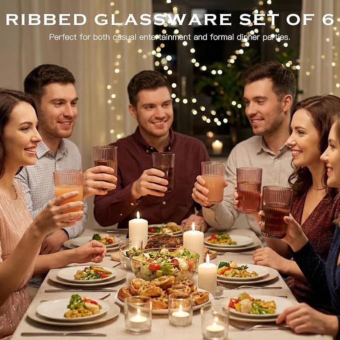 Melanin Colored Ribbed Highball Glasses Set of 6, 13.2oz Vintage Melanin Colored Glassware, Drinking Glasses for Water, Juice, Iced Coffee, Cocktails, Ribbed Glass Cups, Housewarming Christmas Gift