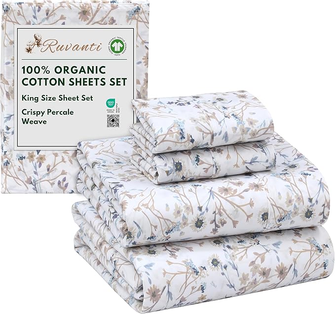 RUVANTI 100% Organic Cotton Sheets King Size, Percale Weave, GOTS Certified, 4-Piece Set, Deep Pocket 15", Crisp & Breathable, Soft Durable Bedding, Sábanas Algodón Orgánico – Tranquil