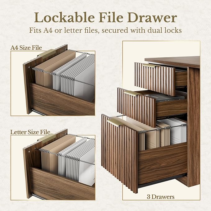 63 Inches L Shaped Standing Desk, Executive Standing Desk with Drawers and File Cabinet, AC/USB, 1.18" Desktop, Multi-sized Storage Cubby, Privacy Panel, Fluted Computer Desk, Black Walnut