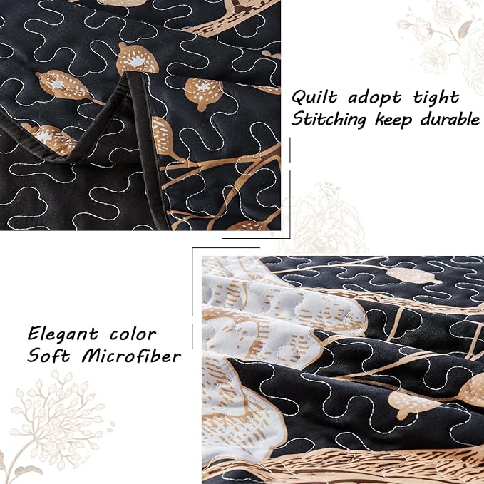 Yogeneg Full Queen Size Quilt Set,White Gold Floral Botanical Pattern Black Bedding Set,3 Piece Lightweight Soft Summer Bedspread Coverlet with 2 PIillow Sham for All Season(Black Floral,90"x96")