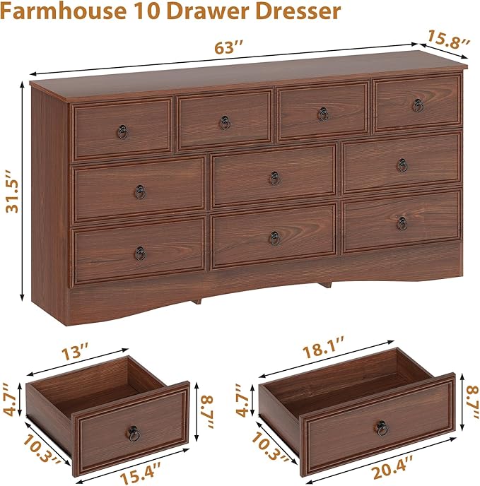 63”W Dressers for Bedroom, Long Dresser with 10 Deep Drawer, Dressers & Chests of Drawers for Clothes, Easy Pulls Handle, Textured Borders, for Living Room, Hallway,Cherry Wood