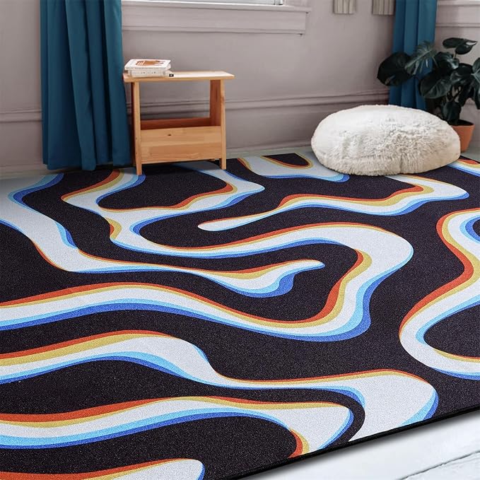 Trippy Abstract 5x7 Area Rug Ultra Thin Flatweave Funky Aesthetic Minimalist Geometry Swirl Bedroom Rug Colorful Black White, Retro Cool Washable Carpet for Kitchen Entryway Living Room Dorm
