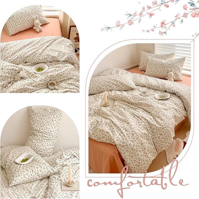 Aesthetic Floral Duvet Cover Full Breathable Soft 100% Cotton Floral Comforter Cover Vintage French Style Duvet Cover Girls Cottagecore Bedding Set Botanical Flower Comforter Cover with 2 Pillowcases